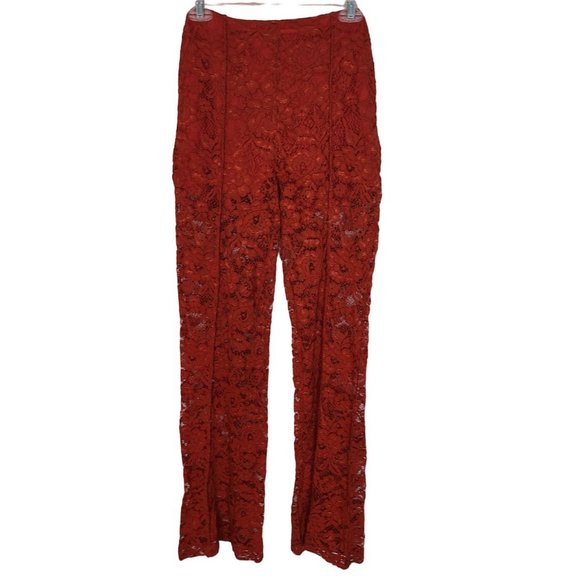 Bebe Womens 4 Red Floral Lace High Rise Sheer Wide Leg Trouser Pants Pockets - Picture 2 of 10